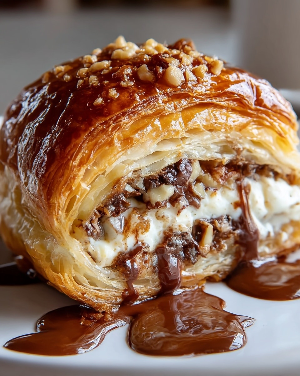 A close-up of a flaky, golden-brown pastry with a shiny, caramelized top layer sprinkled with small crunchy bits. Inside, the pastry reveals multiple soft layers filled with a creamy white filling mixed with dark chocolate chunks and finely chopped nuts. Some melted chocolate drips onto the white plate beneath, enhancing the richness of the dessert. The textures contrast between the crisp pastry crust and the smooth, gooey inside. photo taken with an iphone --ar 4:5 --v 7