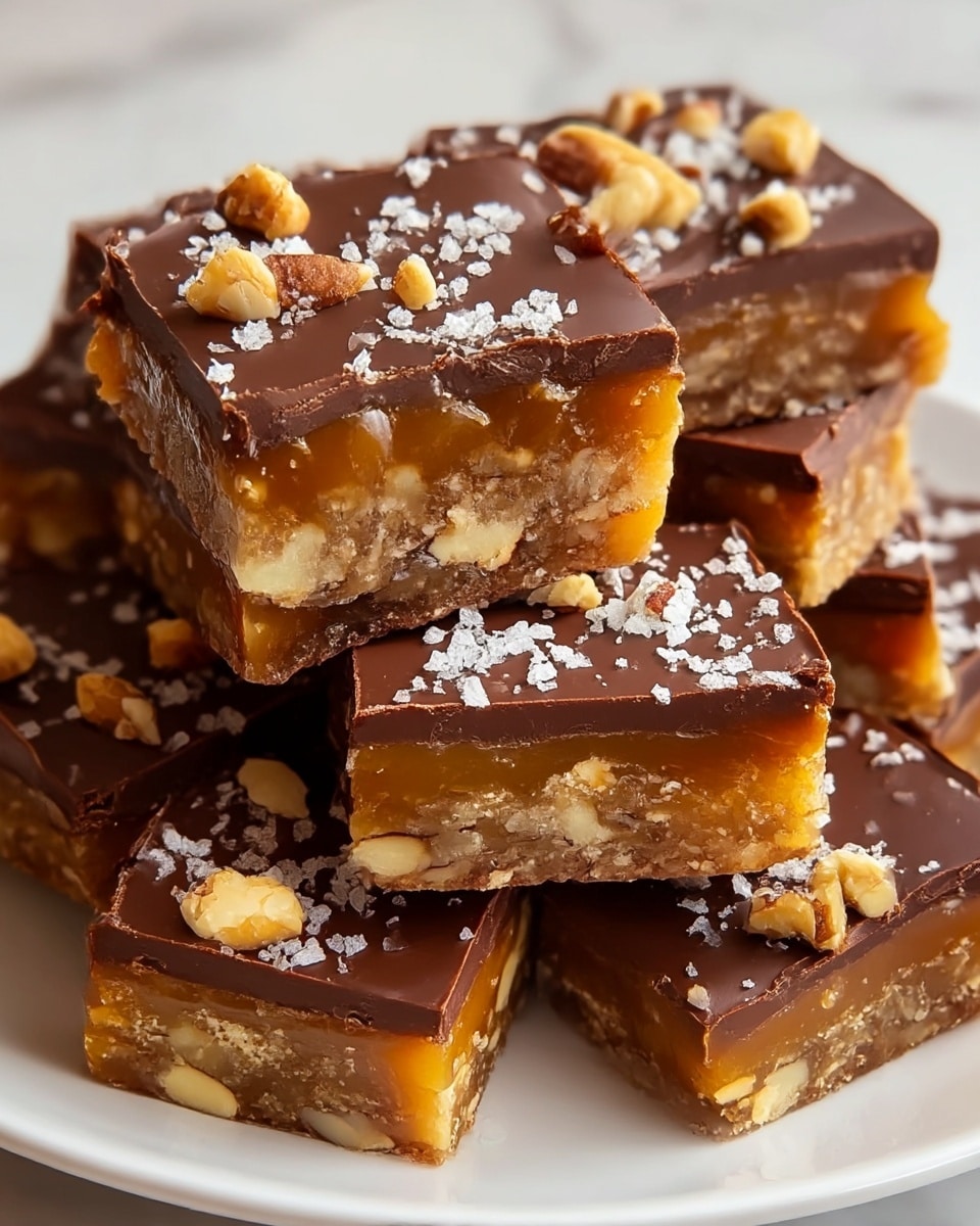 The image shows a close-up of a stack of six square dessert bars on a white plate. Each bar has three visible layers: a bottom layer of rich, slightly rough caramel mixed with chopped nuts, a middle layer of golden caramel that looks gooey and sticky with nut pieces inside, and a thick top layer of smooth, glossy chocolate. The bars are sprinkled generously with white coarse salt flakes and scattered chopped nuts on top, adding texture and contrast. The white plate sits on a white marbled surface, and the overall look is warm and inviting, with the dessert bars slightly overlapping each other. photo taken with an iphone --ar 4:5 --v 7