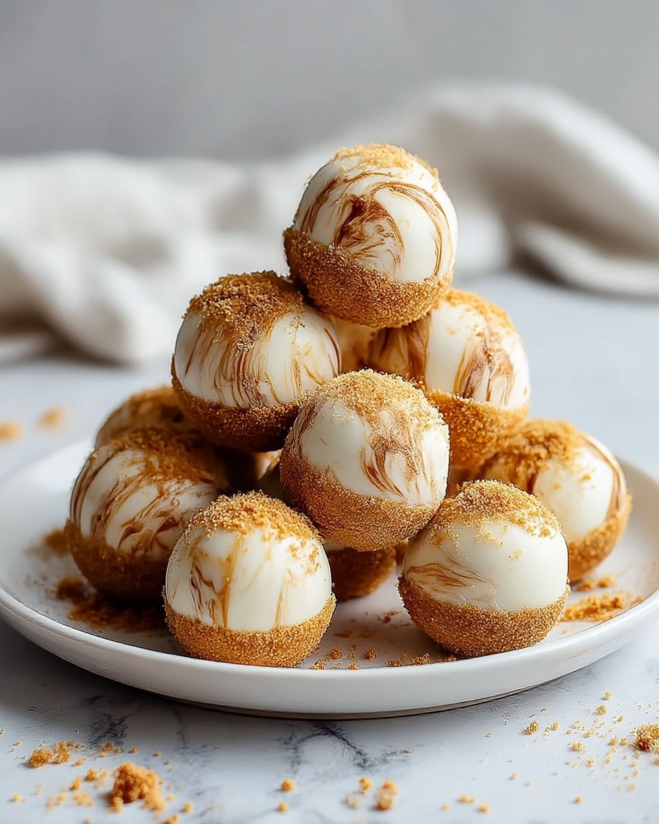 A stack of round dessert balls is arranged on a white plate placed on a white marbled surface. Each ball has a creamy white base with brown swirls and patches, giving a marbled effect. The bottom and top parts of the balls have a crumbly brown coating, and a few crumbs are scattered around the plate and on the surface. A soft white cloth is blurred in the background. The overall look is smooth and textured with warm brown and white colors. photo taken with an iphone --ar 4:5 --v 7