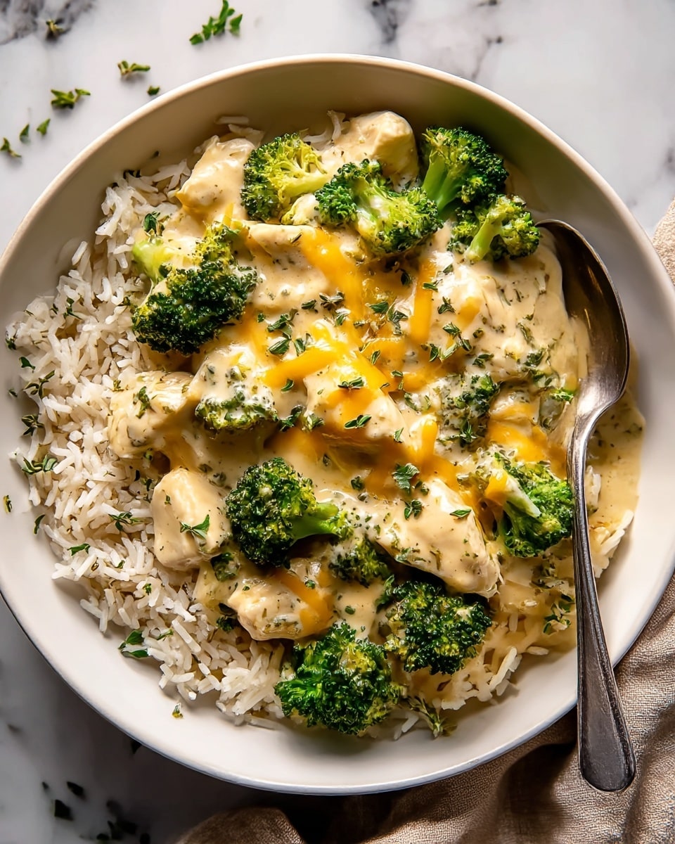 A white bowl filled with three layers: the bottom layer is long-grain white rice showing some loose grains around the edges; the middle layer shows chunks of light beige chicken mixed with bright green broccoli florets; the top layer is a creamy, light yellow sauce with melted orange cheese patches drizzled over the chicken and broccoli, sprinkled with small green herb leaves scattered on top. A silver spoon rests inside the bowl on the right side. The bowl is placed on a white marbled surface with a folded beige cloth napkin slightly under the bowl on the right side. photo taken with an iphone --ar 4:5 --v 7