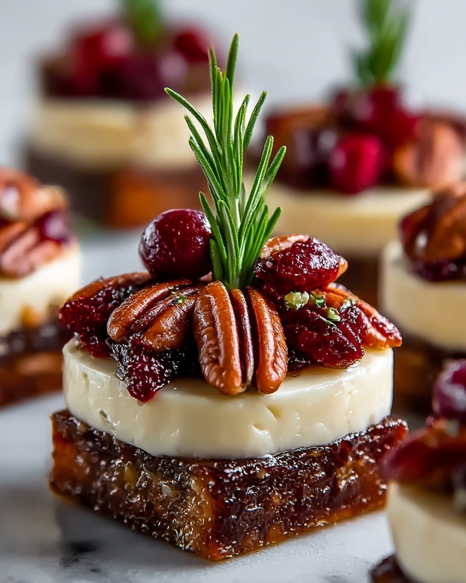 This close-up image shows a small stack of three layers. The bottom layer is a dark, caramelized rectangular slice with a slightly rough texture. On top of that is a thick, creamy white round layer of soft cheese with a smooth surface. The final layer on top consists of shiny, brown pecan halves arranged around the edge, with bright red, glossy dried cranberries in the center, and a small green sprig of rosemary standing upright in the middle, adding a fresh touch. The background features more of these stacks on a white marbled surface. photo taken with an iphone --ar 4:5 --v 7