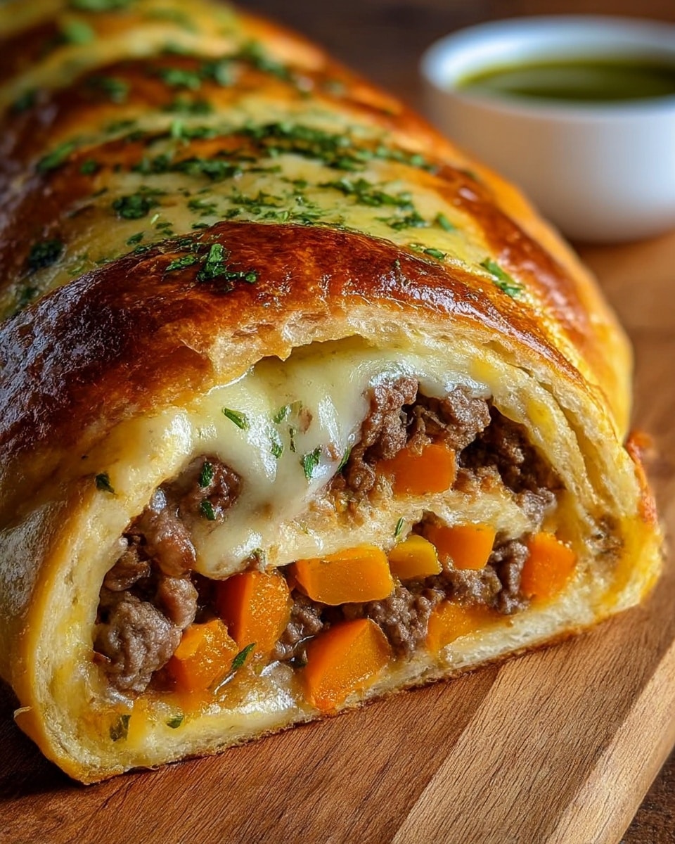 The image shows a close-up of a rolled baked dish sliced to reveal three main layers. The outer layer is golden brown and crispy bread with a slightly shiny, toasted surface. Inside, the top layer is melted light yellow cheese mixed with fresh green chopped herbs sprinkled on top. The middle layer has cooked ground meat pieces mixed with chunks of bright orange bell peppers, all shiny and juicy. The whole roll sits on a wooden surface with a small white bowl of green sauce blurred in the background. photo taken with an iphone --ar 4:5 --v 7