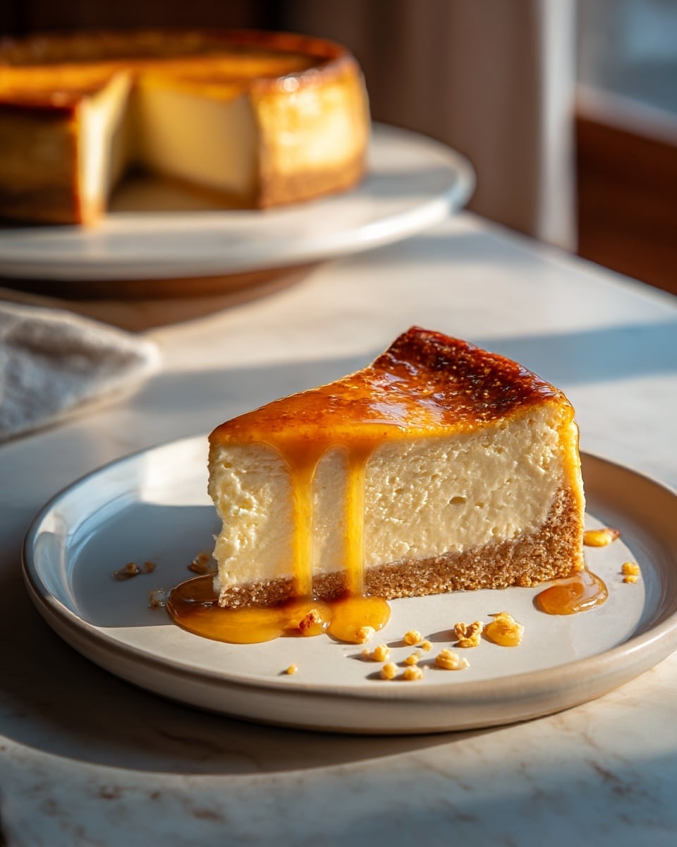 A slice of cheesecake with three visible layers sits on a white plate with a smooth finish; the bottom layer is light brown and crumbly crust, the middle layer is thick, creamy, and pale yellow, and the top layer is a shiny caramel glaze dripping golden sauce down the sides onto the plate, sprinkled with small nut pieces around it. In the background, a whole cheesecake with a golden top and thick crust rests on another white plate, all placed on a white marbled textured surface illuminated by warm sunlight through a window. Photo taken with an iphone --ar 4:5 --v 7
