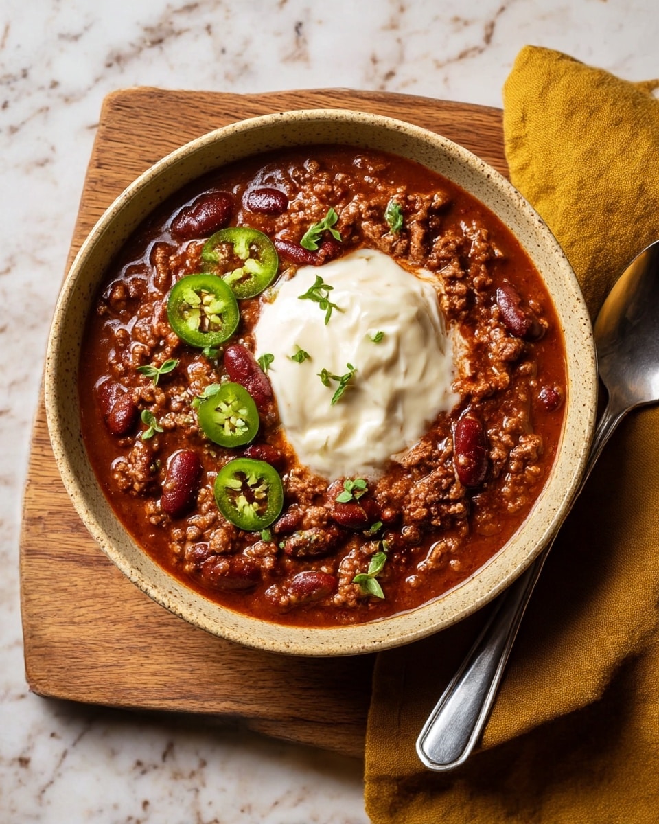 The image shows a bowl of chili with a thick, reddish-brown base of ground meat and beans, topped with a large dollop of white sour cream in the center. There are slices of green jalapeño peppers scattered around the sour cream and small green herb leaves sprinkled on top. The bowl is a speckled beige color and sits on a wooden board with a mustard-yellow cloth to the right. A silver spoon rests inside the bowl at the right edge. The background surface has been changed to a white marbled texture. Photo taken with an iphone --ar 4:5 --v 7
