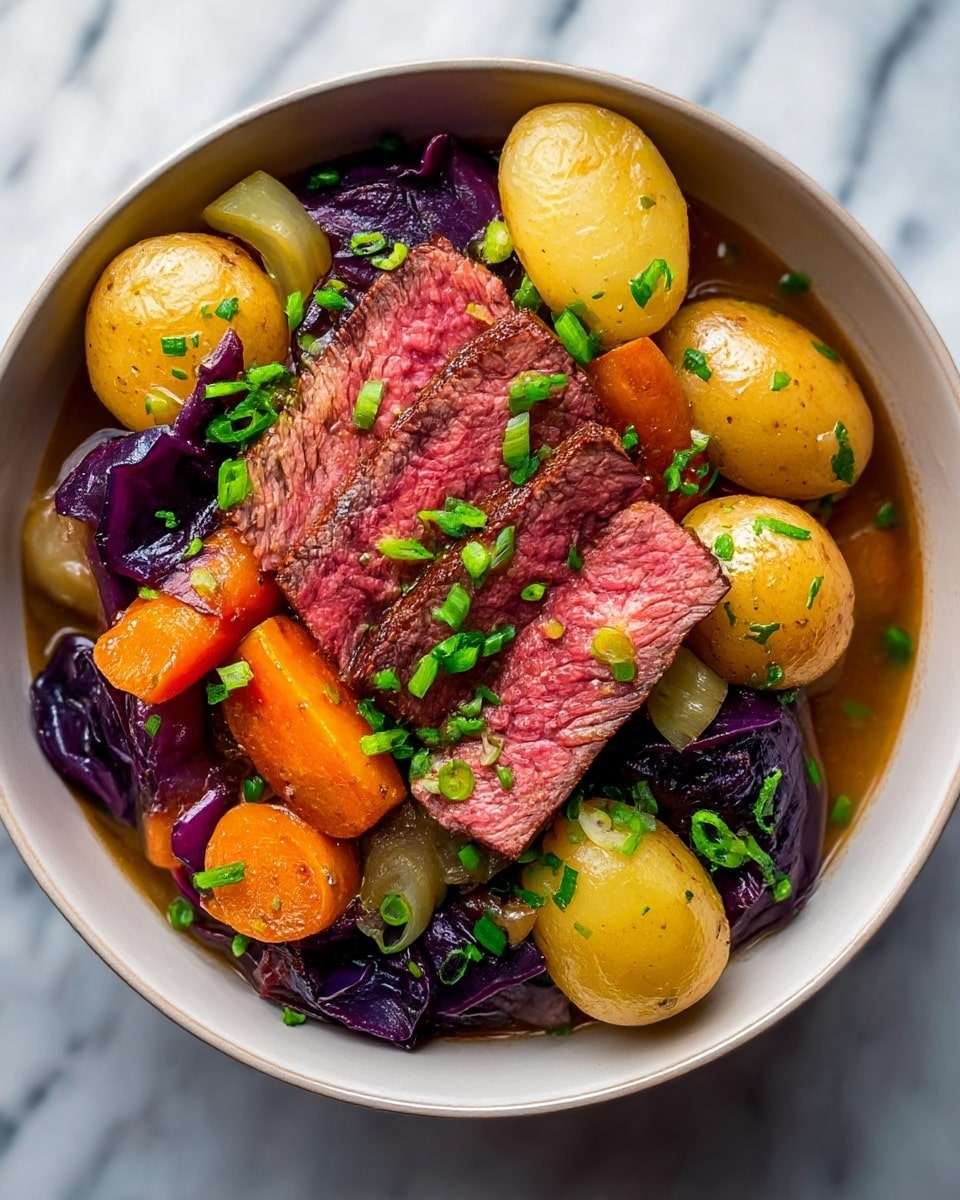 A bowl filled with a layered stew starts with a base of light brown broth, partially visible. On top, there are several golden yellow baby potatoes, some cut in half showing their soft insides, alongside thick bright orange carrot pieces. Deep purple cabbage leaves are placed throughout, adding a contrasting color and a textured, leafy look. Centered on top are two thick slices of medium-rare beef, showing a pinkish-red inside with a browned outer edge. The dish is sprinkled all over with finely chopped bright green scallions, adding a fresh touch. The bowl is white, and the whole setup sits on a white marbled surface. photo taken with an iphone --ar 4:5 --v 7
