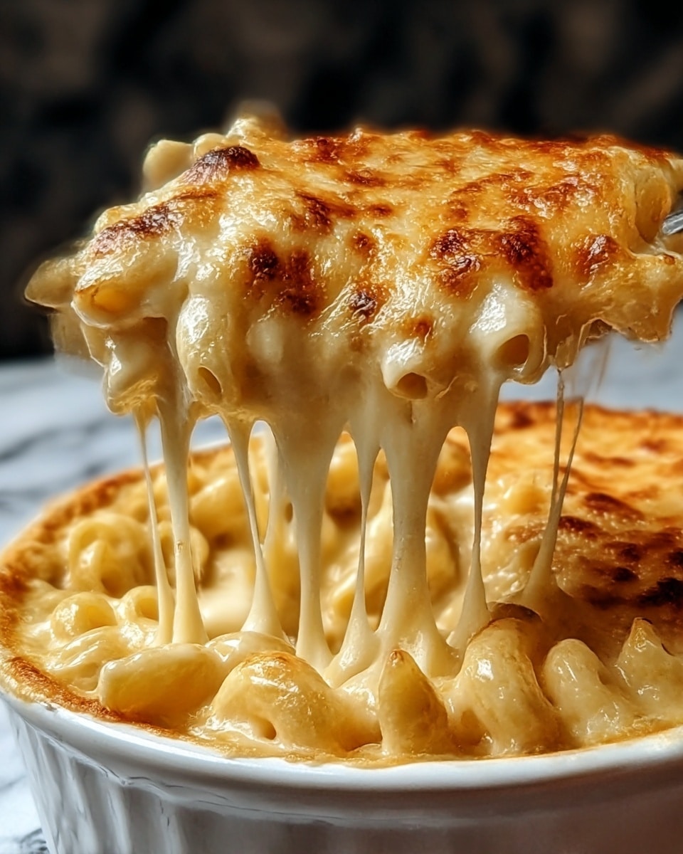 A close-up of baked mac and cheese in a white round dish with a bubbling golden crust on top, showing the top layer of melted cheese that is browned in spots. When lifted, gooey melted cheese stretches in thick strands from the dish, revealing creamy elbow macaroni beneath with a smooth texture. The creamy cheese layer covers the tubed pasta fully, giving it a rich and smooth look. The background has a soft dark blur with the dish sitting on a white marbled texture. Photo taken with an iphone --ar 4:5 --v 7
