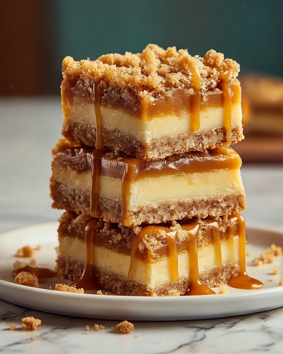 The image shows three square dessert bars stacked on a white plate with a white marbled texture underneath. Each bar has three visible layers: a bottom layer that is crumbly and light brown, a middle creamy and pale yellow layer, and a top layer of caramel brown with a crumbly streusel topping. Caramel sauce drips down the sides of the bars, adding a glossy texture and warm color contrast. Crumbs are scattered around the plate, adding a rustic look. The bars are thick and show a soft, textured surface on the top. Photo taken with an iphone --ar 4:5 --v 7