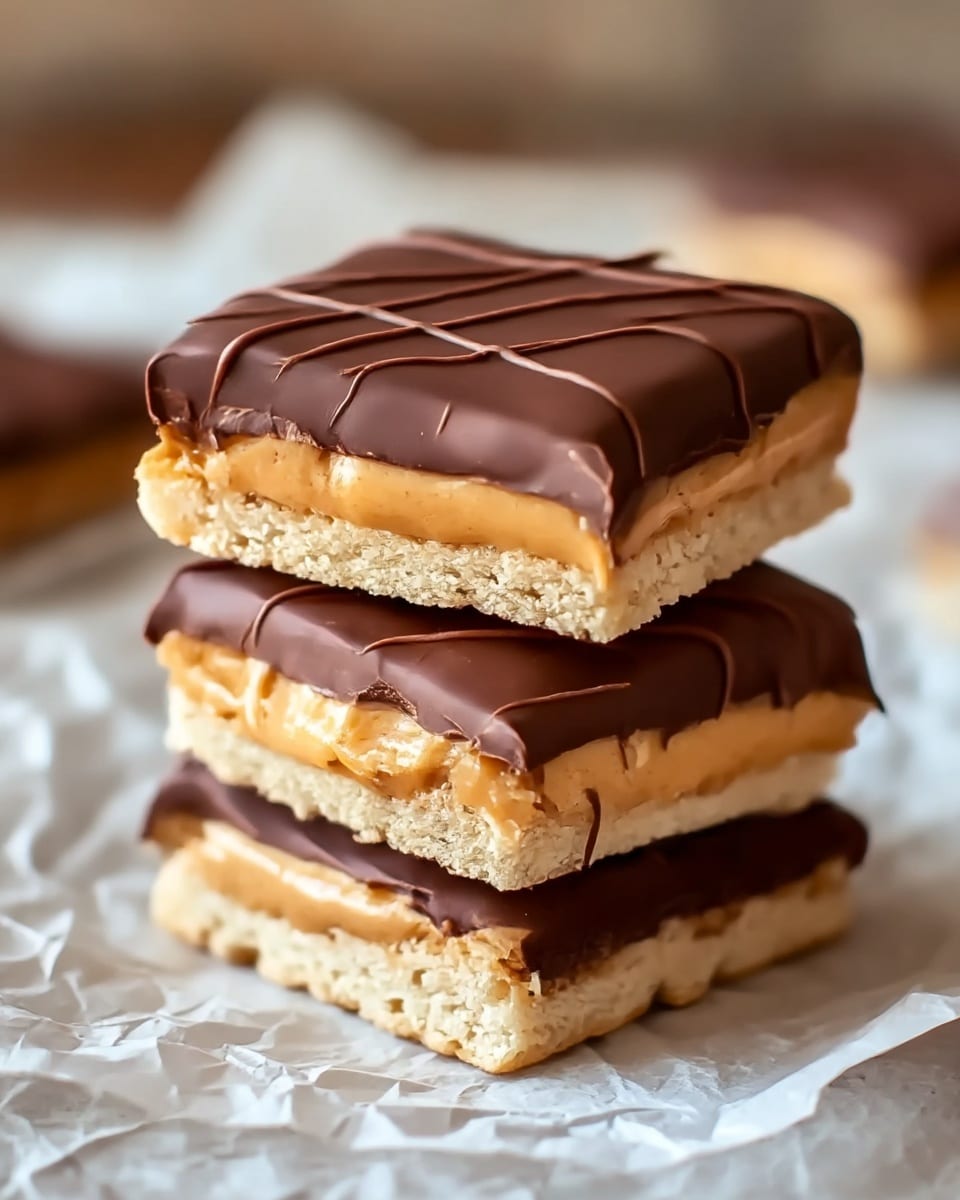 A stack of three rectangular treats with three visible layers each: the bottom layer is light brown and crumbly, appearing like a biscuit or cracker; the middle layer is a creamy golden caramel that slightly oozes out from the edges; the top layer is a smooth, glossy dark chocolate coating with thin wavy lines on its surface. The treats are placed on crumpled white parchment paper over a white marbled texture surface. The caramel layer is thick and sticky, making the stack look rich and indulgent. photo taken with an iphone --ar 4:5 --v 7
