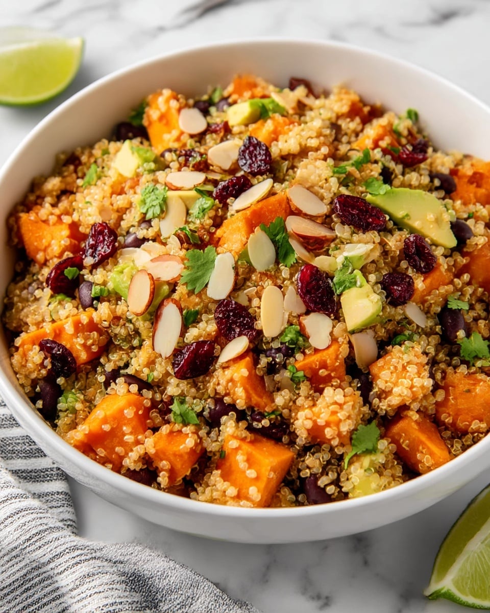 A close-up view of a white bowl filled with a colorful quinoa salad. The bottom layer is light, fluffy quinoa grains in a pale beige color. Scattered throughout are bright orange sweet potato cubes, soft green avocado chunks, and black beans adding a dark contrast. Thin, cream-colored almond slices are sprinkled on top, along with small bits of fresh green cilantro leaves. There are also some dark red dried cranberries adding pops of color. A lime wedge peeks from the side of the bowl. The bowl sits on a white marbled surface with a black and white striped cloth nearby. photo taken with an iphone --ar 4:5 --v 7