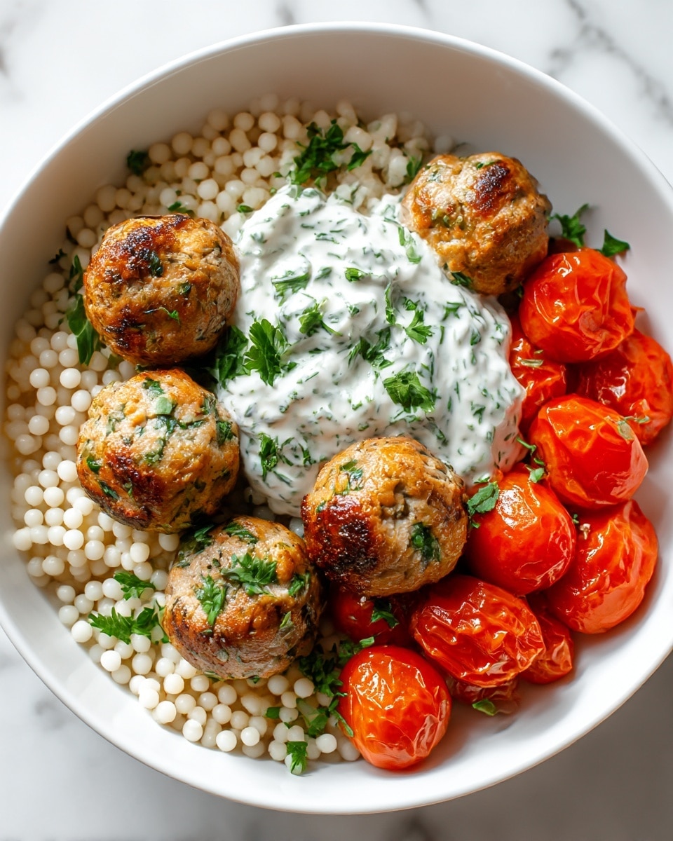 A white bowl is filled with three main sections of food on a white marbled surface. The bottom layer is a bed of small, light beige couscous grains covering the whole bowl. On top of the couscous, arranged in a curve along the bottom half of the bowl, are ten browned meatballs with a slightly crispy texture and specks of green herbs. To the right of the meatballs, a cluster of shiny, roasted cherry tomatoes in bright red fills about a third of the bowl. In the top center, there is a generous dollop of thick, white yogurt sauce mixed with finely chopped green herbs. A sprinkle of fresh green parsley is placed over the couscous and meatballs, adding a fresh touch. Photo taken with an iphone --ar 4:5 --v 7