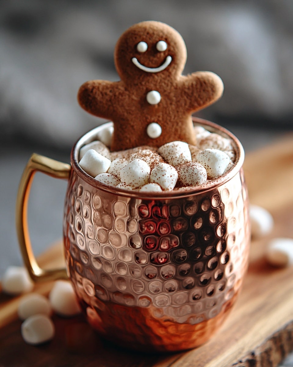 A shiny hammered copper mug filled with a layer of small white marshmallows dusted lightly with brown cocoa powder, topped with a gingerbread cookie shaped like a smiling person standing at the back edge of the mug, with its arms out and small details for eyes, mouth, and buttons. The mug sits on a wooden surface with a soft blurred background. Photo taken with an iphone --ar 4:5 --v 7