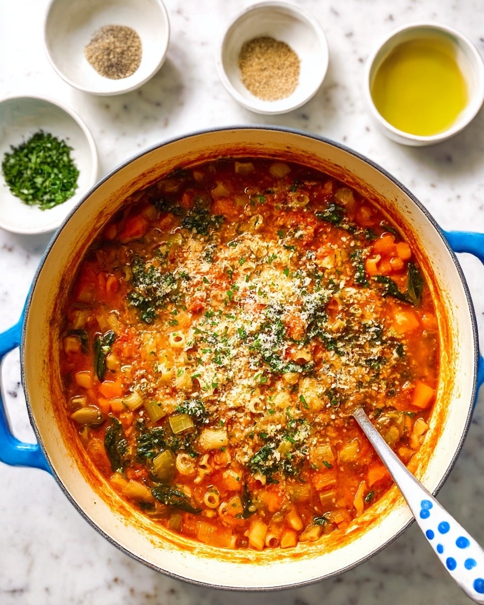 A large white pot with blue handles holds a thick soup with three visible layers: the bottom layer is a chunky mix of orange-red tomato broth filled with small pale pasta tubes, diced orange carrots, and light green celery pieces; the middle layer shows scattered dark green spinach leaves partially submerged; the top layer is sprinkled with light beige grated cheese and chopped green herbs, giving a speckled texture. A silver spoon with blue dots on the handle is partly in the soup on the right side. Around the pot on a white marbled surface are three small white bowls: one with chopped green herbs, one with a mixture of salt and pepper, and one cup holding yellow oil. photo taken with an iphone --ar 4:5 --v 7