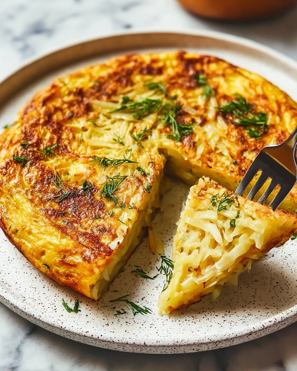 A golden brown, round omelette-like dish with a crispy texture on top, showing layers of cooked, slightly translucent shredded vegetables, mostly pale yellow and light green, with small sprigs of fresh green herbs scattered over the surface. One triangular piece is cut out revealing the soft interior, and a fork is holding this piece partly lifted on the right side of the white plate with a speckled texture. The plate sits on a white marbled surface with a blurred background. photo taken with an iphone --ar 4:5 --v 7