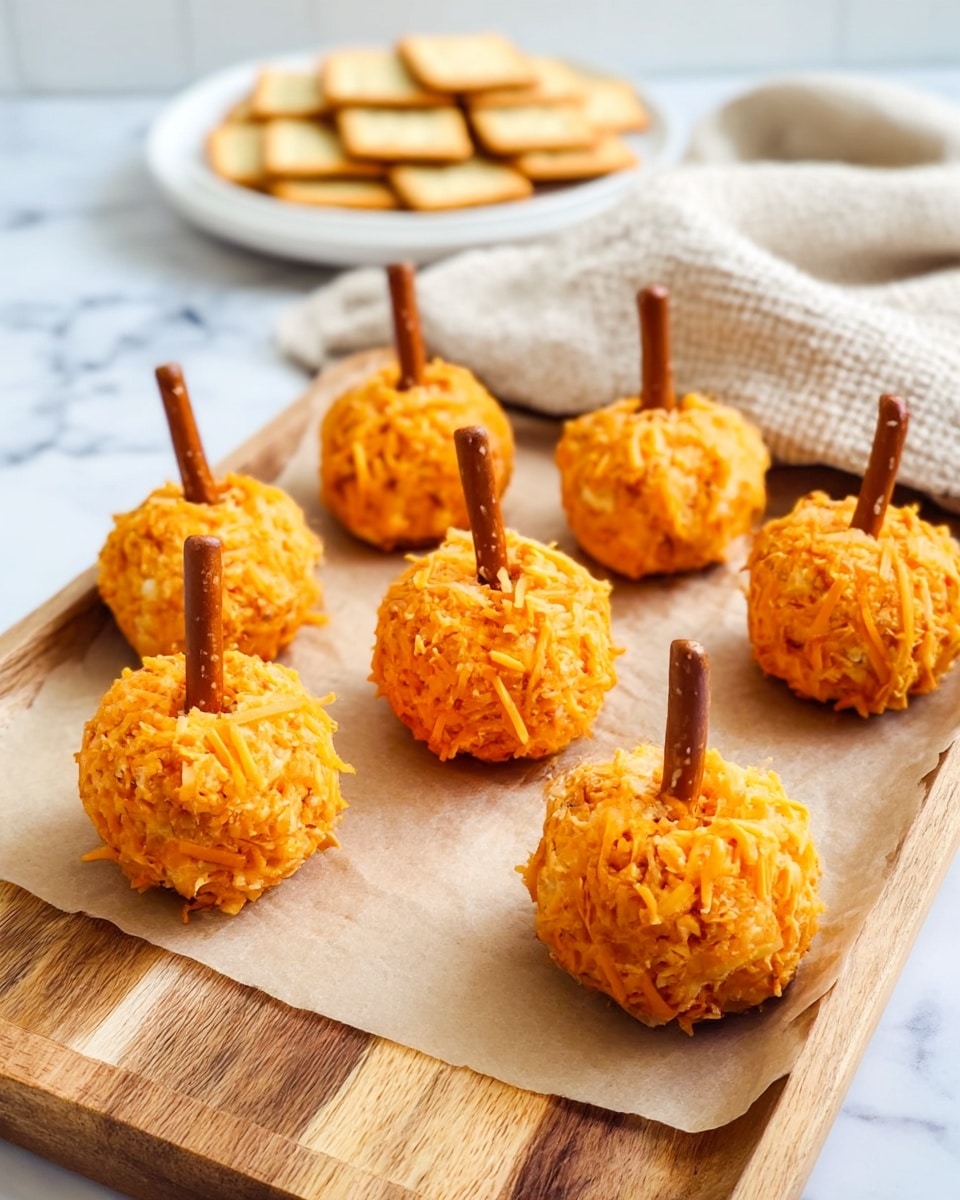 The image shows seven small, round cheese balls that look like pumpkins, each with a rough, bright orange outer layer made of shredded cheese, placed on a piece of light brown parchment paper. Each cheese ball is topped with a short, brown pretzel stick standing upright to look like a pumpkin stem. These cheese balls sit on a wooden tray with a natural wood grain pattern. In the background, there is a white plate holding four crackers on a white marbled surface, and a light beige textured cloth is casually placed behind the tray. photo taken with an iphone --ar 4:5 --v 7