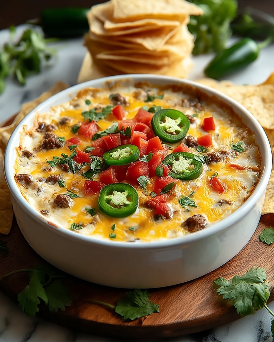 A white round dish filled with a creamy cheesy dip that has a golden yellow melted cheese top mixed with browned chunks of meat. On top, there are fresh green jalapeño slices, chopped red tomatoes, and bright green cilantro leaves scattered evenly. The dish sits on a wooden board with a stack of light-colored tortilla chips in the background, all placed on a white marbled surface with some green jalapeños and cilantro leaves nearby. Photo taken with an iphone --ar 4:5 --v 7