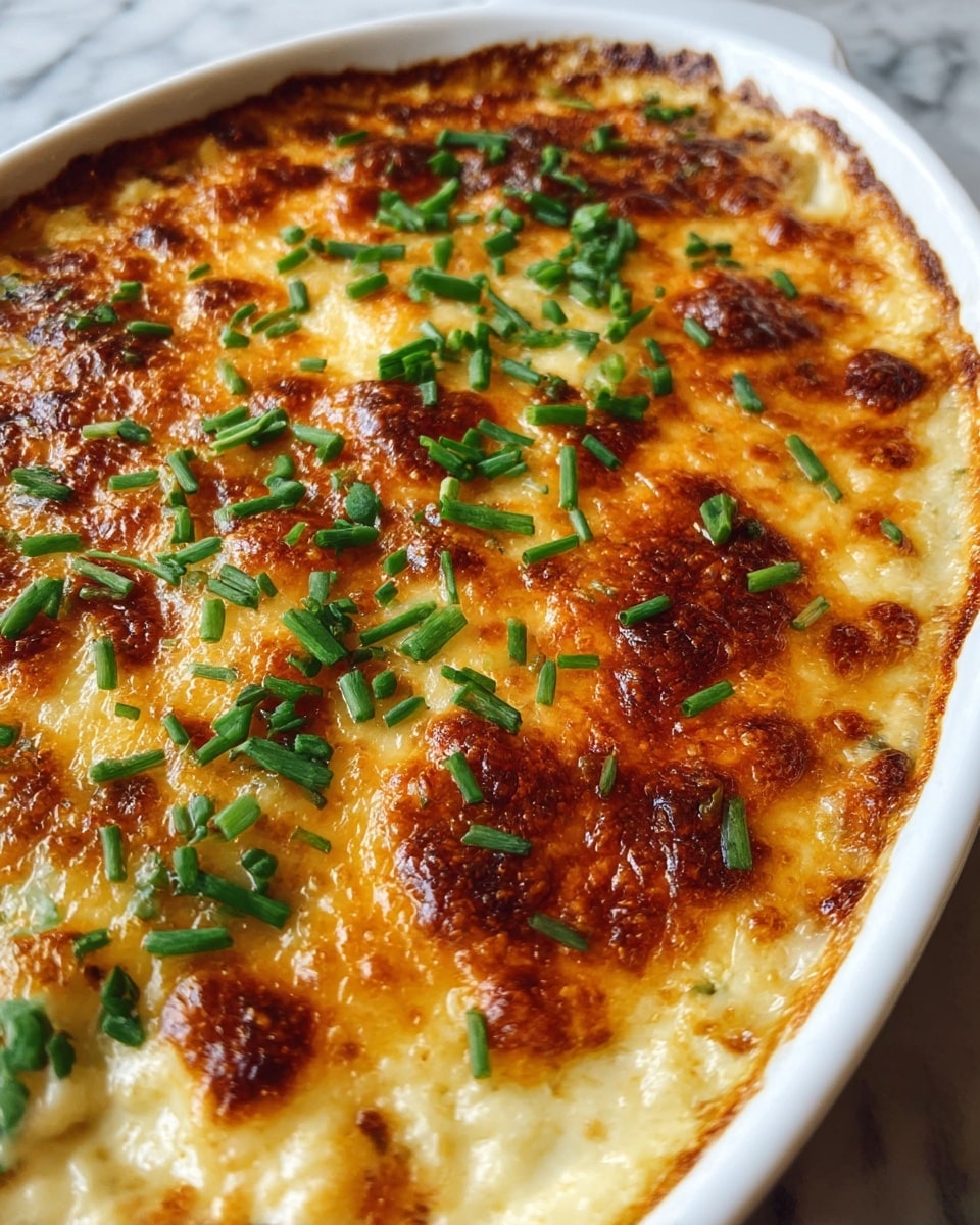 A close-up of a creamy baked dish in a white oval dish, showing one thick layer of golden-browned melted cheese on top with crunchy darker brown spots, sprinkled evenly with bright green chopped chives. The cheese layer has a shiny, bubbly texture with some darker and lighter areas, and the dish underneath is creamy and smooth, visible at the edge. The dish is placed on a white marbled surface. photo taken with an iphone --ar 4:5 --v 7