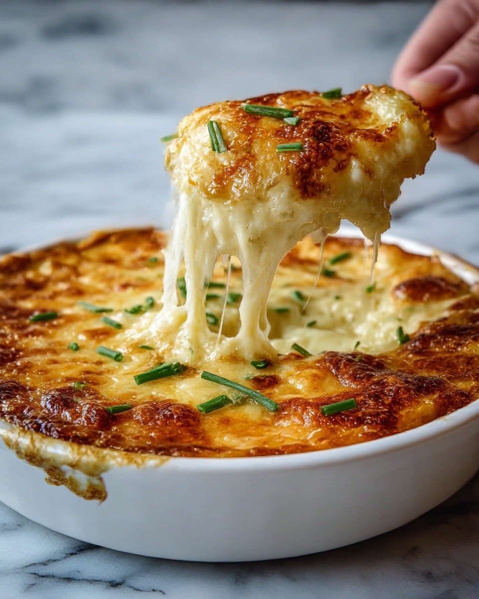 A round white ceramic dish filled with a baked cheesy dish with a browned, bubbly golden top layer scattered with small pieces of green herbs, possibly chives. The cheese layer is thick and gooey, shown being lifted by a woman's hand, stretching stringy melted cheese from the dish. The texture of the cheesy top is slightly crispy and caramelized, while underneath it looks creamy and smooth. The background features a white marbled texture. Photo taken with an iphone --ar 4:5 --v 7
