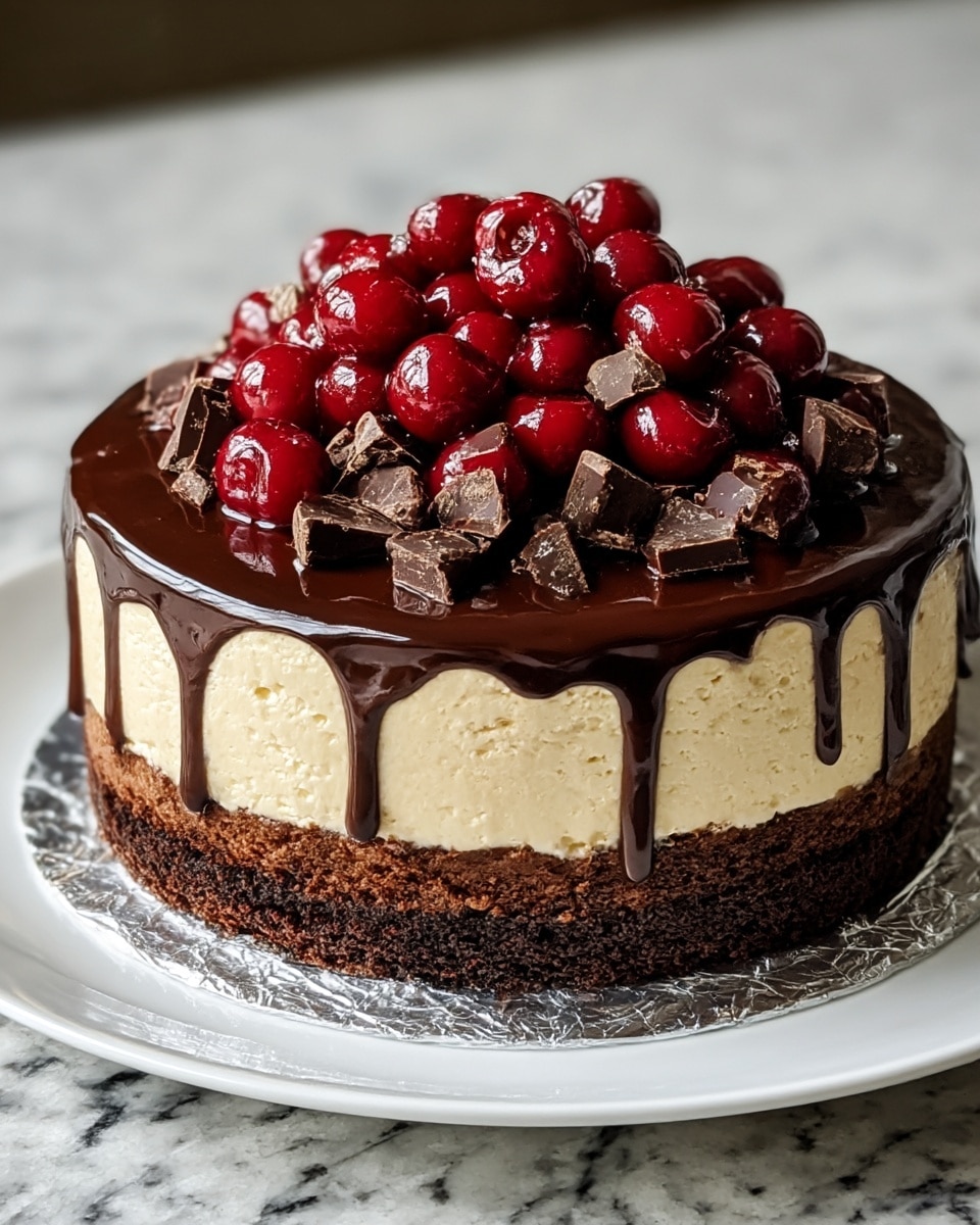 A three-layered cake sits on a white plate with a crinkled silver foil base. The bottom layer is dark brown and crumbly like chocolate cake or brownie. The middle layer is thick and creamy, pale beige in color, with a smooth texture. The top layer is a glossy dark chocolate ganache dripping slightly down the sides. On top, there is a heap of shiny red cherries and irregular chunks of dark chocolate scattered over the ganache. The cake is on a white marbled surface. Photo taken with an iphone --ar 4:5 --v 7