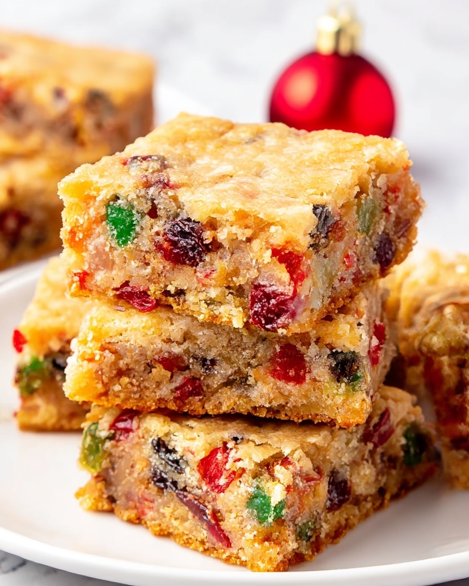 The image shows square slices of a dense fruitcake bar with a golden brown crust and a moist interior filled with colorful bits of red, green, and dark fruit pieces evenly spread throughout. The bars are stacked on a white plate resting on a white marbled surface, with visible crumbs around the edges indicating a soft texture inside. A small red Christmas ornament is placed beside the bars, adding a festive feel. The top layer is smooth yet crumbly, with a light golden color that contrasts with the vibrant pieces inside. Photo taken with an iphone --ar 4:5 --v 7