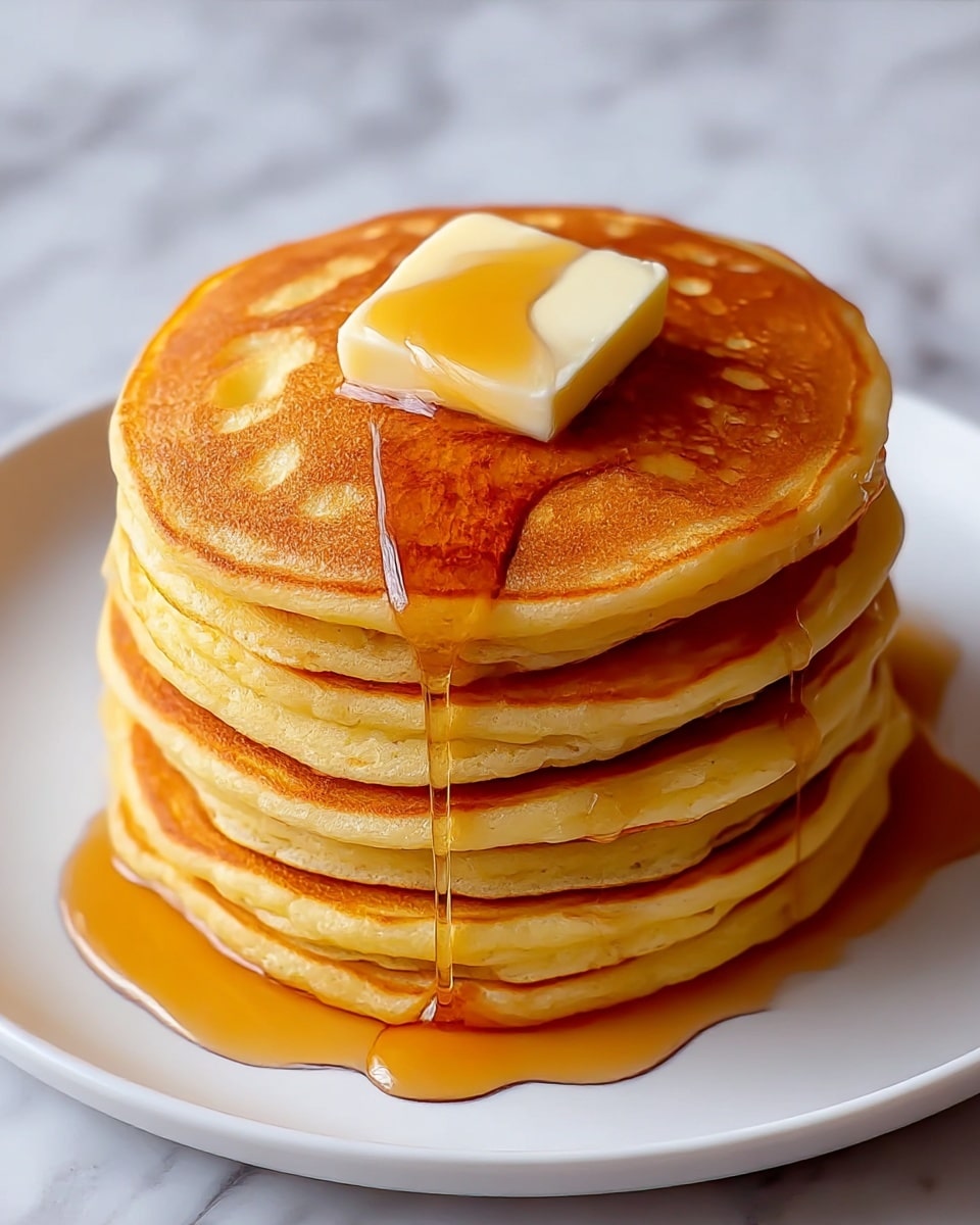 A stack of six round, golden brown pancakes with slightly darker edges sits centered on a white plate. Each pancake layer shows a light, fluffy texture with some small air holes and uneven color spots. On top, there is a square slab of pale yellow butter, slightly melting, with amber syrup dripping down in smooth, shiny lines over the top pancake and down the sides of the stack. The plate is set on a surface with a white marbled texture. Photo taken with an iphone --ar 4:5 --v 7