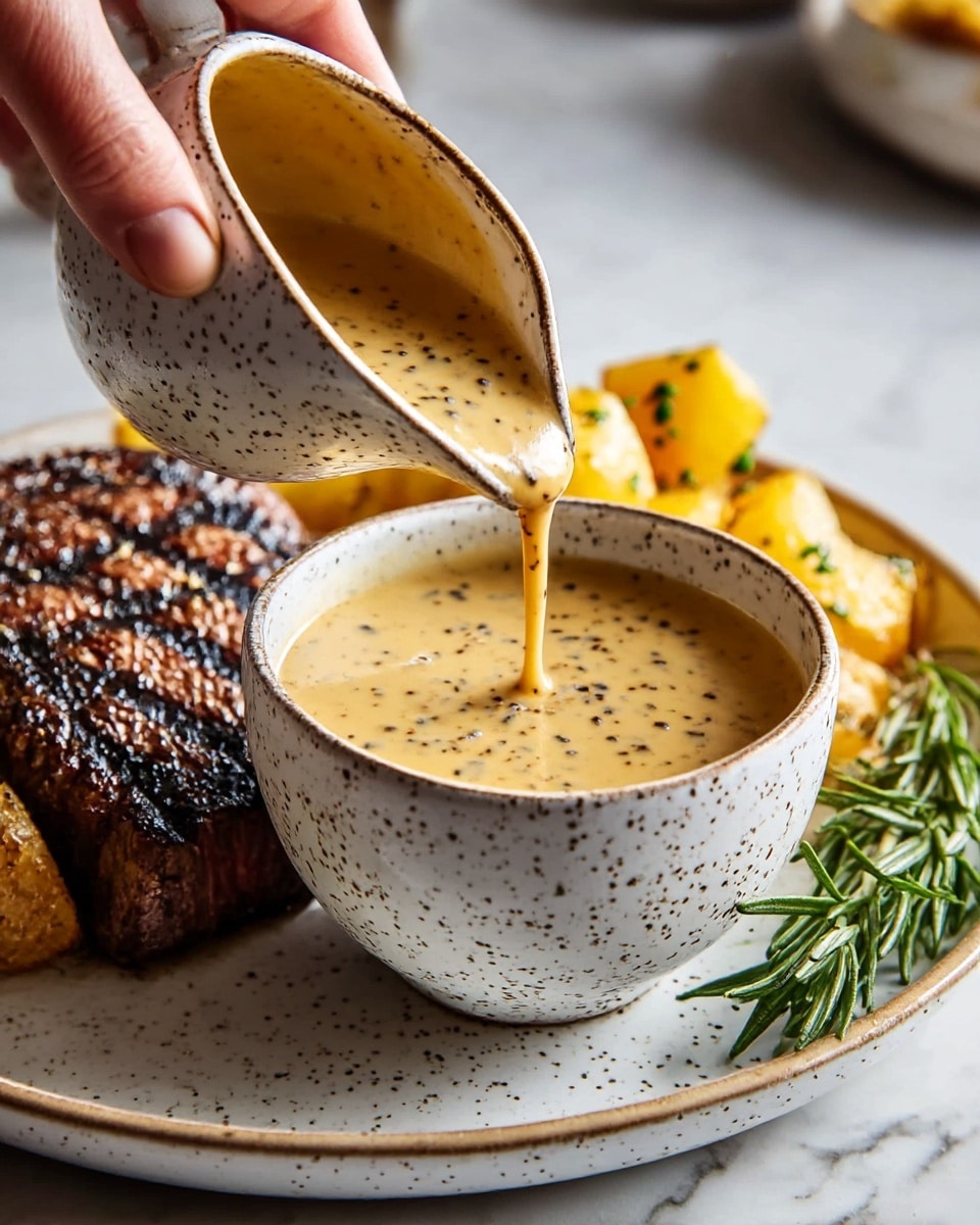 A white plate holds a thick slice of grilled steak with a dark brown crust and visible seasoning on top, placed next to several yellow roasted potatoes sprinkled with chopped green herbs. In the front of the plate, a white speckled bowl is filled with a creamy tan pepper sauce with visible black pepper bits. A woman's hand pours more of this sauce from a matching small jug into the bowl. Fresh green rosemary sprigs lie near the bowl on the plate, and the entire scene is set on a white marbled surface. photo taken with an iphone --ar 4:5 --v 7