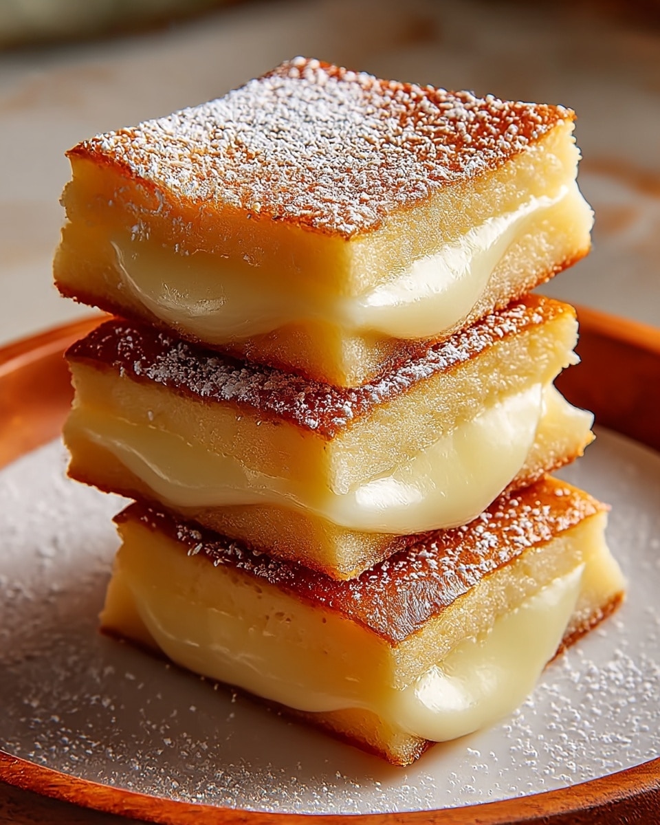 A stack of three square pieces of golden-brown dessert with three visible layers, each with a smooth, slightly shiny top crust and a creamy, light yellow middle layer that oozes slightly between the layers. The top piece is dusted with fine white powdered sugar. The stack sits on a round white plate with a white marbled textured surface below, showing a soft, warm look with a close-up view. Photo taken with an iphone --ar 4:5 --v 7