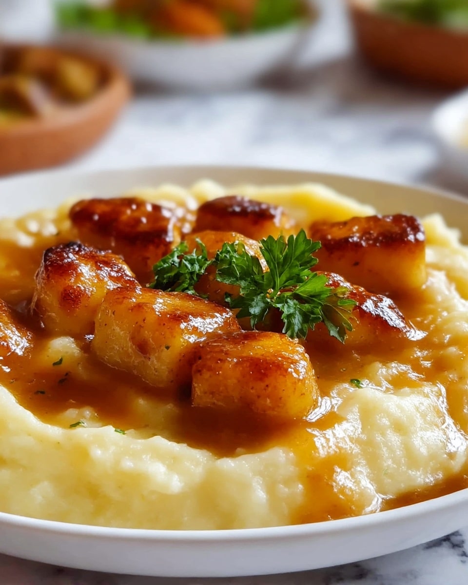 A close-up view of a white shallow bowl filled with creamy mashed potatoes as the bottom layer, smooth and pale yellow in color with a soft texture. On top, there are several golden-brown roasted gnocchi pieces, slightly crisp on the edges and coated in a glossy brown sauce that pools gently around them. A small garnish of fresh green parsley sits in the center, adding a touch of color contrast. The background shows blurred dishes and a white marbled surface, enhancing the clean, inviting look of the dish. photo taken with an iphone --ar 4:5 --v 7