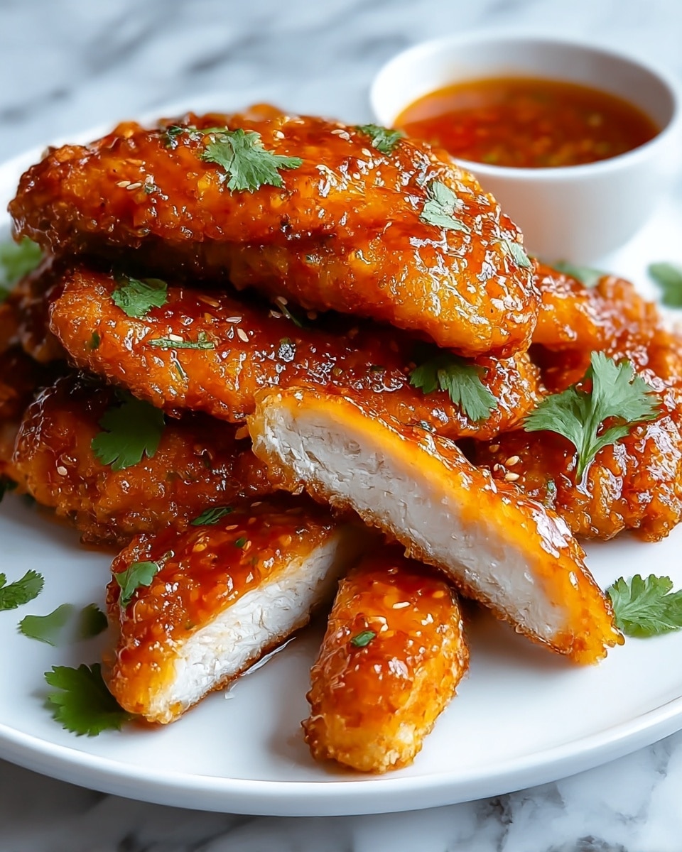 A white plate holds a stack of golden-brown fried chicken pieces glazed with a shiny, sticky orange sauce. Two chicken pieces are placed in front, cut in half to show the tender white meat inside. The glaze coating the chicken has a glossy, textured look with small sesame seeds sprinkled on top. Fresh green cilantro leaves are scattered over the chicken and plate, adding a fresh touch. To the side of the plate sits a small white bowl filled with a reddish-orange dipping sauce, also garnished with a few cilantro leaves. The plate rests on a white marbled surface, enhancing the vibrant colors of the dish. photo taken with an iphone --ar 4:5 --v 7
