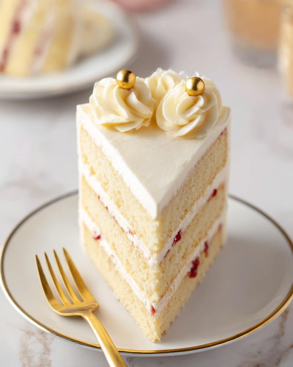 A tall slice of layered white cake sits centered on a white plate with a gold rim, placed on a white marbled surface. The cake has three layers of soft, light yellow sponge separated by two thin layers of red jam and white frosting. The top layer is smooth white frosting, decorated with two large swirls and two small rosettes of creamy white frosting, each topped with shiny gold balls. A gold fork lies next to the cake on the plate. In the background, there is a blurred image of another white plate with cake on it. Photo taken with an iphone --ar 4:5 --v 7