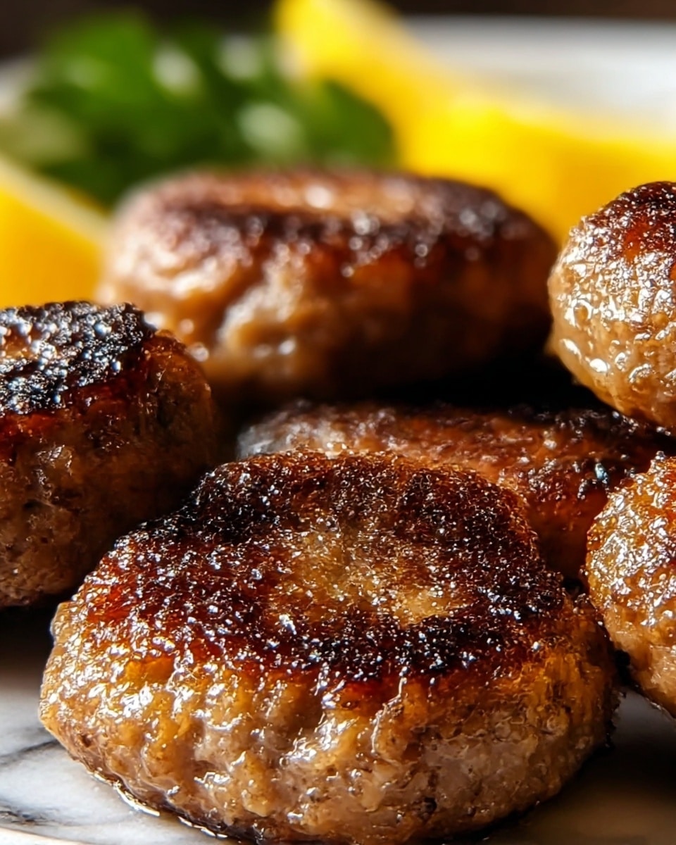 The image shows close-up views of several small, round, pan-fried meat patties with a dark golden-brown crispy surface that glistens with oil. Each patty has a coarse, slightly bumpy texture with visible browned edges and a juicy interior. In the background, there are blurred yellow and green shapes that may be lemon wedges and herbs, all set against a white marbled texture. The focus is on the rich and appetizing sear on the meat, creating a warm, savory look. photo taken with an iphone --ar 4:5 --v 7