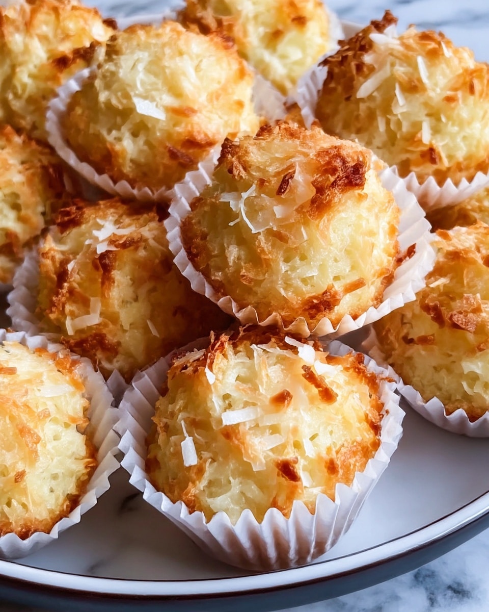 The image shows several golden brown coconut macaroons, each about one layer thick with a rough texture, sitting in white paper cupcake liners. The macaroons have a light yellow base with toasted coconut flakes on top giving a crispy and slightly uneven look, some flakes are white and others are more browned at the edges. These macaroons are placed close together on a white plate with a dark inside, all resting on a white marbled surface. Photo taken with an iphone --ar 4:5 --v 7