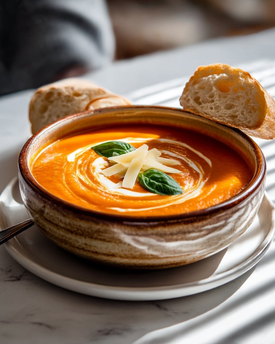 A rustic bowl filled with smooth, thick orange tomato soup with visible swirls on the surface, topped with a white cream swirl in the center, fresh green basil leaves, and thin pale yellow cheese shavings stacked lightly. The bowl sits on a white plate that holds two pieces of crusty, airy bread, one partially resting on the bowl’s edge showing a soft, textured inside. The setting has light stripes casting soft shadows over the bowl and plate, placed on a white marbled texture. photo taken with an iphone --ar 4:5 --v 7