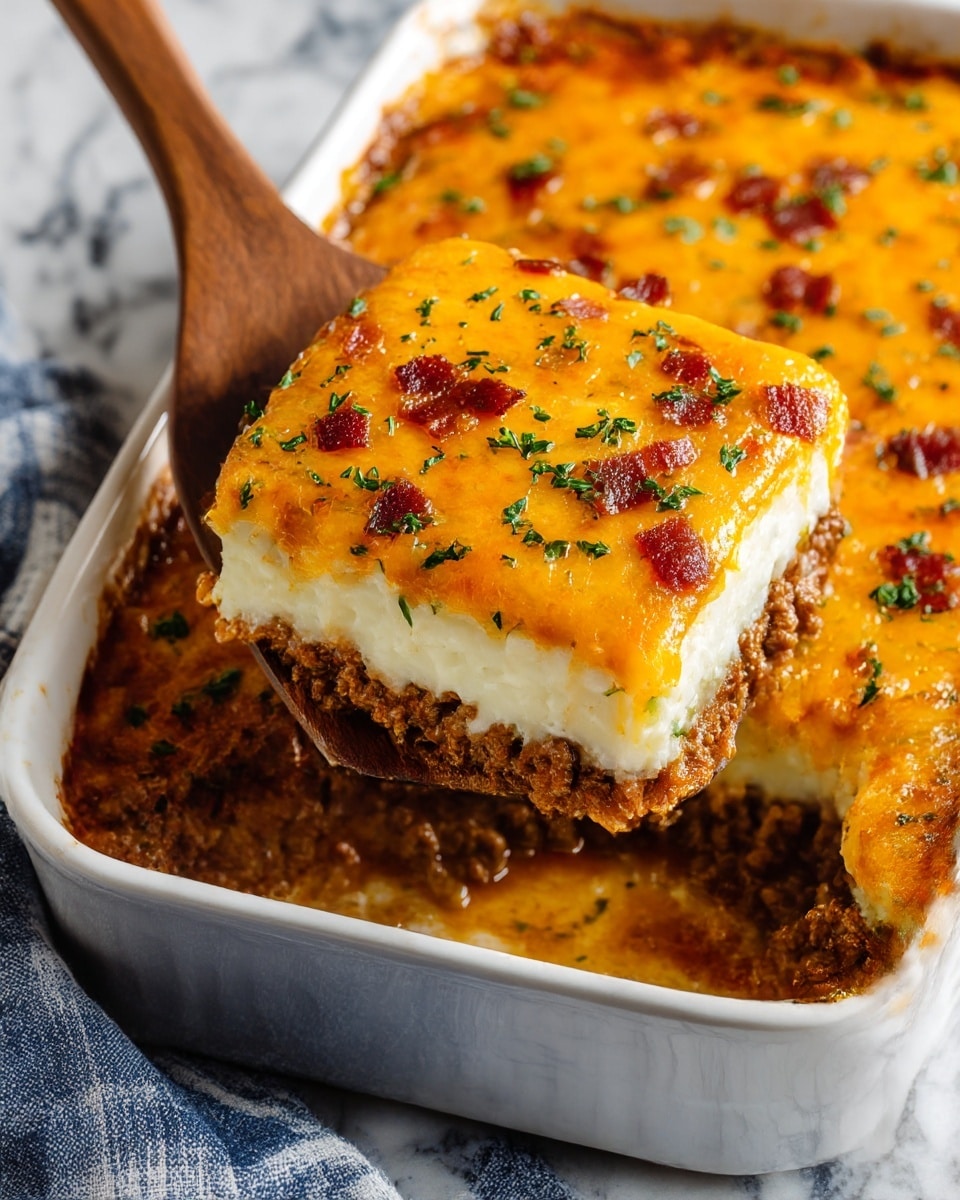 A white baking dish holds a cut square piece of layered casserole. The top layer is melted bright orange cheese with browned spots and small bits of crispy bacon, sprinkled with finely chopped green herbs. Below that is a thick, smooth, light cream layer, likely mashed potatoes. The bottom layer is ground meat cooked with juices visible at the bottom of the dish. A wooden spatula lifts the square serving from the dish. The dish sits on a white marbled surface with a blue and white cloth partially under it. Photo taken with an iphone --ar 4:5 --v 7