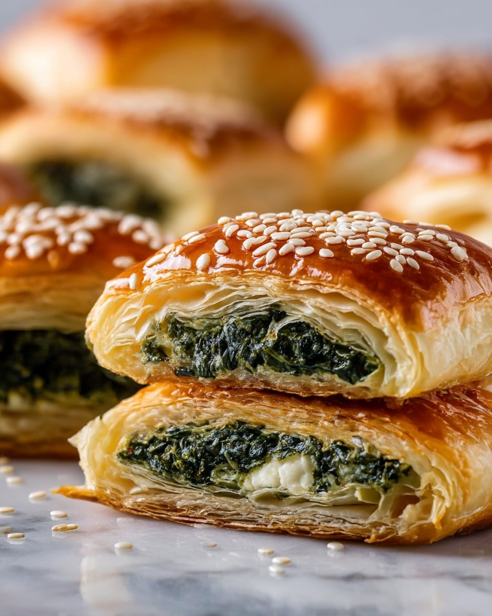 A close-up of a puff pastry snack cut in half showing many light golden, flaky layers on the top and sides. The inside has a dense, dark green spinach layer mixed with a soft white cheese filling. The top is shiny with a caramel brown glaze and sprinkled with white sesame seeds. The pastries sit on a white marbled surface with more similar snacks blurred in the background. Photo taken with an iphone --ar 4:5 --v 7