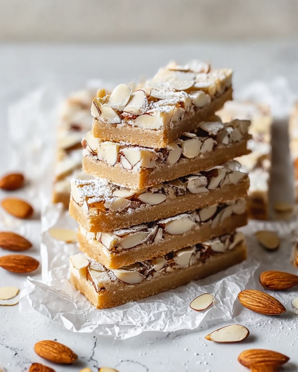 The image shows a stack of rectangular almond bars placed on crinkled white parchment paper over a flat surface with a white marbled texture. Each bar has two visible layers: a bottom layer of light brown, slightly crumbly base, and a top layer covered thickly with sliced almonds, giving a rough and textured look in cream and light brown shades. Some powdered sugar dust is sprinkled lightly over the almonds, adding a soft white contrast. Scattered almond slices lie around the bars, enhancing the natural and fresh impression of the scene. Photo taken with an iphone --ar 4:5 --v 7