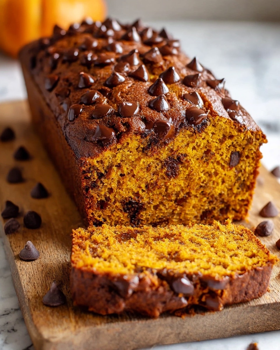 A loaf of pumpkin chocolate chip bread is shown sliced, revealing its moist orange interior speckled with dark brown chocolate chips throughout. The top layer is a slightly darker, golden-brown crust covered in melted chocolate chips that stay rich and shiny. The texture looks soft and fluffy inside with a rough, crumbly surface on the slice laying flat. The loaf sits on a wooden board with some chocolate chips scattered around, all set against a white marbled background. Photo taken with an iphone --ar 4:5 --v 7