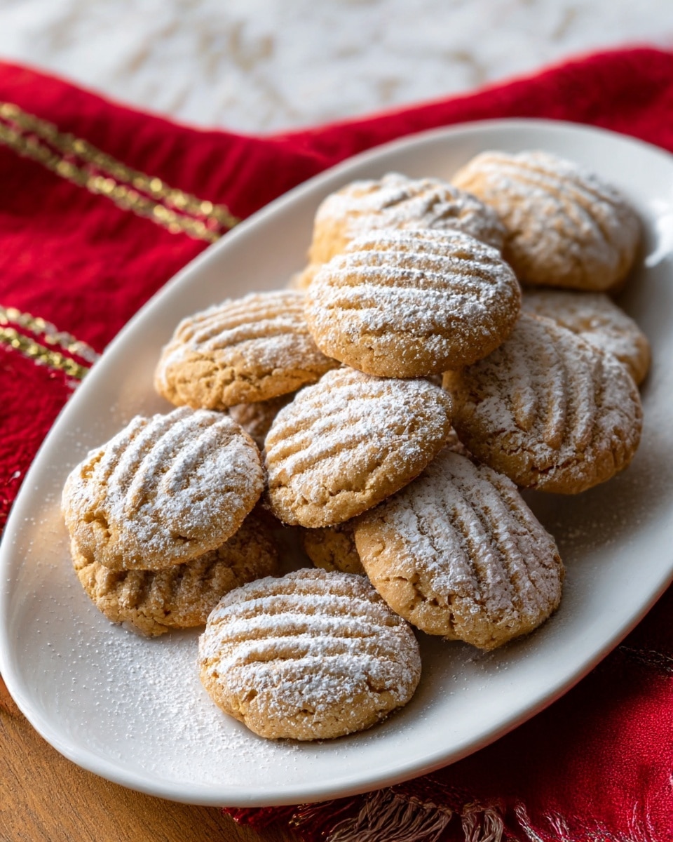A white oval plate holds about ten round cookies, each with a light brown color and textured ridges on top. The cookies are dusted generously with white powdered sugar, giving a soft, snowy look against their warm brown surface. The plate sits on a wooden table next to a red cloth with white and gold thread fringes at the edge. The cookies are stacked slightly, with some overlapping each other, showing detail in their crumbly texture. The background has a white marbled texture. photo taken with an iphone --ar 4:5 --v 7