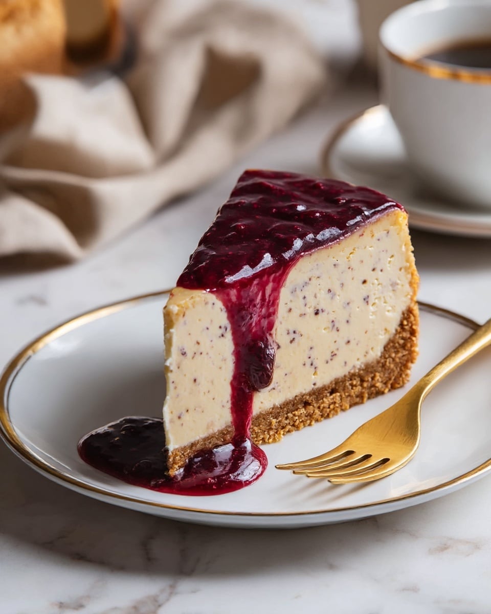 A slice of cheesecake with three visible layers sits on a white plate with a gold rim, placed on a white marbled surface. The bottom layer is a crumbly brown crust, the large middle layer is creamy light beige with small dark specks throughout, and the top layer is a glossy deep red berry sauce that drips down the side onto the plate. A gold fork rests on the plate next to the cheesecake, catch light softly. In the background, there is a blurred beige cloth and a white cup with a gold rim. Photo taken with an iphone --ar 4:5 --v 7