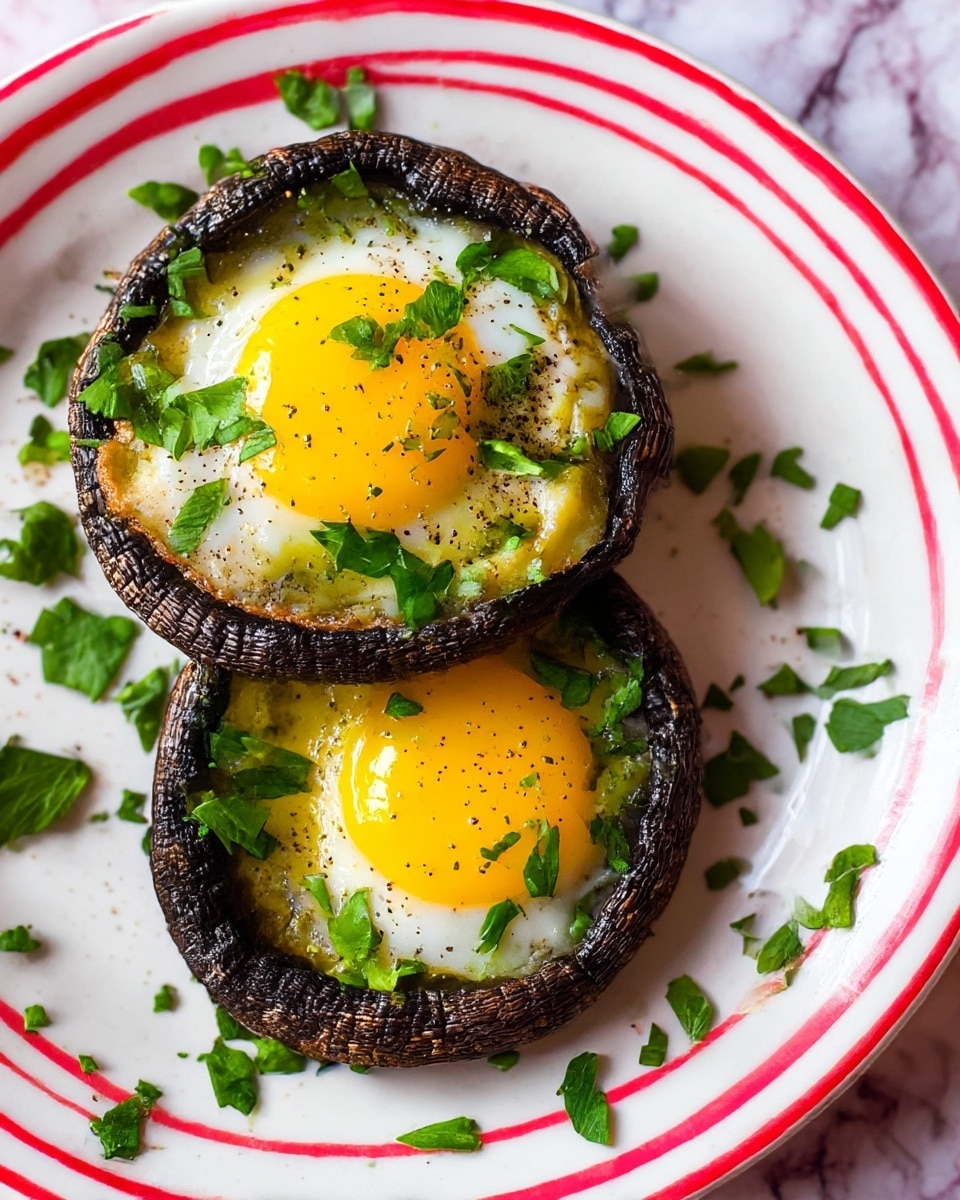 Two cooked portobello mushrooms are shown on a white plate with red stripes around the edge. Each mushroom has a cooked egg inside, with a bright yellow yolk in the center and white egg surrounding it. Both mushrooms are sprinkled with chopped green herbs, giving a fresh look. The texture of the mushrooms is dark and slightly wrinkled, contrasting with the smooth, shiny egg yolks. Some chopped herbs are scattered on the plate and nearby surface. The background has a white marbled texture. photo taken with an iphone --ar 4:5 --v 7