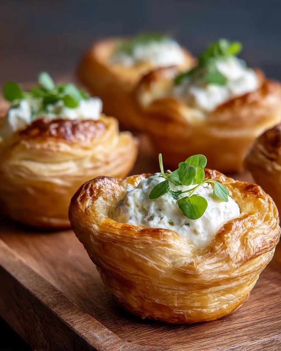 The image shows four small puff pastries arranged closely on a wooden board. Each pastry has a golden-brown, flaky base with visible layers of crisp dough forming a cup shape. Inside the pastry, there is a creamy white filling that looks soft and smooth, topped with small green leafy herbs for garnish. The focus is sharp on the front pastry, making its texture clear, while the other pastries blur softly in the background. The wooden board beneath offers a rustic contrast to the pastries’ shiny, browned surfaces and creamy tops. photo taken with an iphone --ar 4:5 --v 7