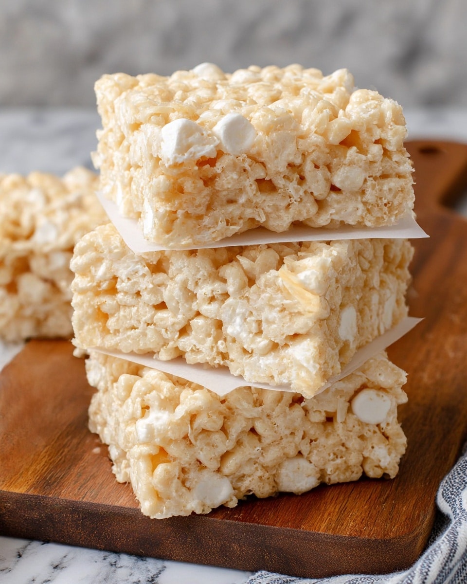 A close-up view of three rice crispy treat squares stacked on top of each other with white paper sheets between each layer. Each square has a rough texture made of light golden crispy rice cereal mixed with white marshmallows and some shredded coconut flakes scattered throughout, giving a slightly fluffy appearance. The treats rest on a wooden cutting board with a striped cloth partially visible at the bottom corner, all set against a white marbled textured background. photo taken with an iphone --ar 4:5 --v 7