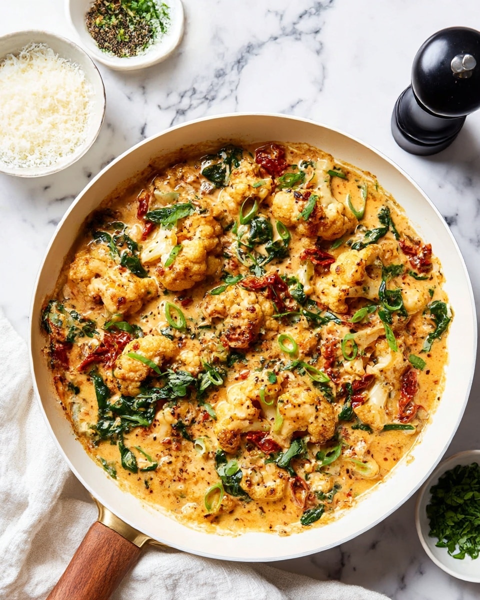 A white pan with a wooden handle holds a creamy dish made of several layers: large pieces of golden-browned cauliflower, wilted dark green spinach leaves, and bits of red sun-dried tomatoes all mixed in a rich light orange sauce speckled with herbs and black pepper. The cauliflower has a slightly charred texture, and fresh sliced green herbs are sprinkled on top, adding a fresh contrast. Around the pan, there is a white marbled surface with a bowl of grated white cheese and a small dish of chopped fresh green herbs. A black pepper grinder and a white cloth are placed nearby. photo taken with an iphone --ar 4:5 --v 7