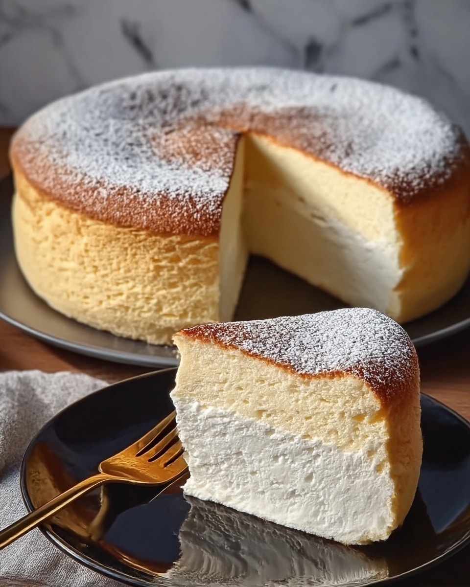 The image shows a soft layered cake with three visible layers: a thin golden brown baked top sprinkled with powdered sugar, a thick creamy white middle layer, and a light golden sponge cake base. A slice has been cut out, showing the smooth texture of the creamy layer sandwiched between the fluffy cake layers. The whole cake sits on a black tray, while the slice is served on a white plate with a slightly raised edge, placed on a white marbled surface. A golden fork lies next to the slice, adding a touch of elegance. The lighting highlights the textures, emphasizing the soft and airy look of the cake. Photo taken with an iphone --ar 4:5 --v 7