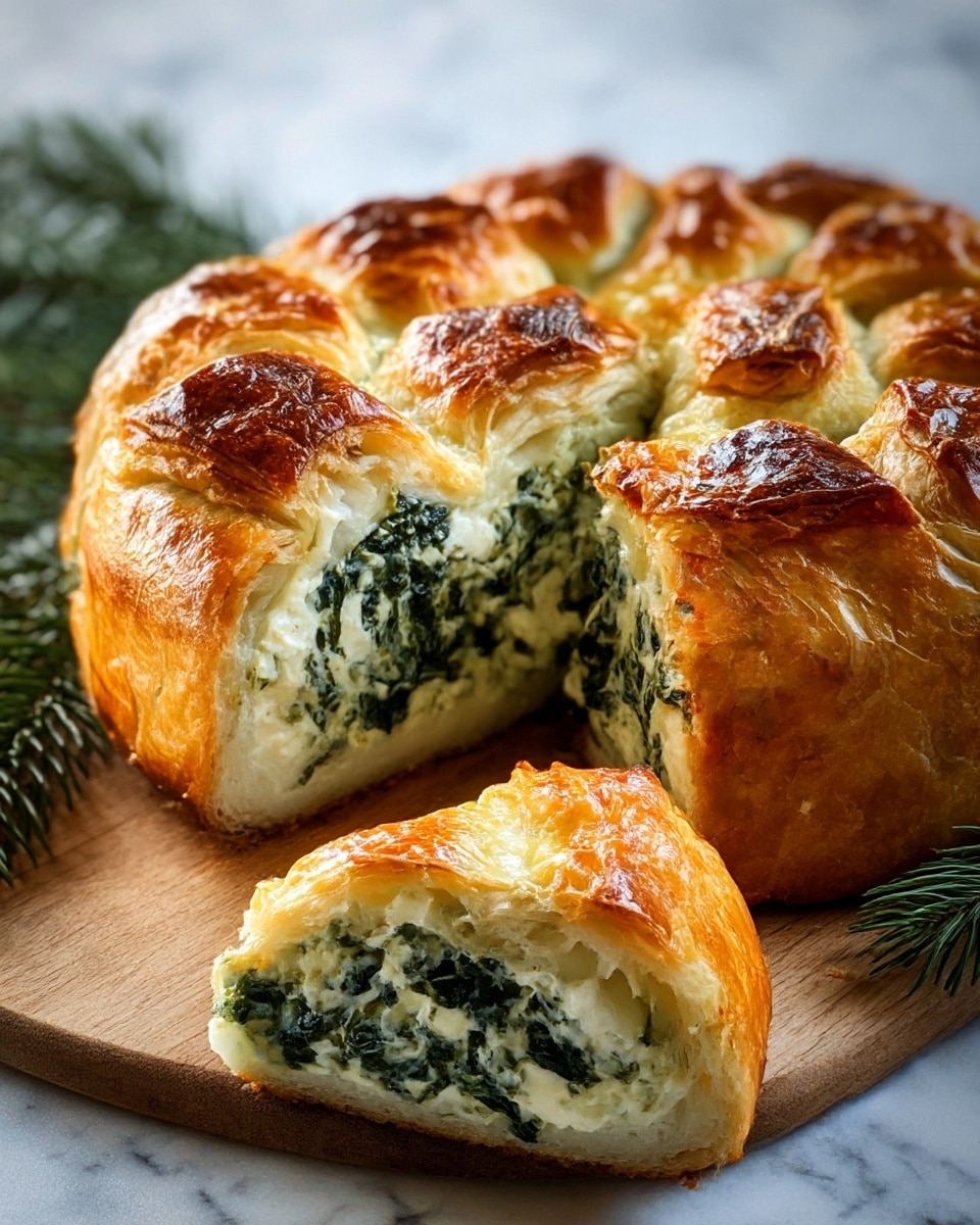 This image shows a round savory pastry with a golden-brown, shiny crust that is slightly flaky and raised at the edges. The pastry is cut open, revealing three visible layers inside: a white dough base layer, a thick middle layer filled with dark green spinach leaves mixed with creamy white cheese, and the top layer is the browned pastry crust with a slightly torn texture and some pieces folded over. The piece cut out is placed in front, showing the layers clearly from the side. The pastry sits on a wooden board with some green pine needles blurred in the background on a white marbled surface. photo taken with an iphone --ar 4:5 --v 7