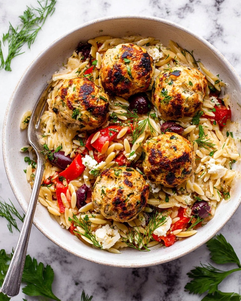 A white bowl filled with a mix of light golden orzo pasta, bright red roasted bell pepper pieces, dark purple olive slices, and small white crumbles of feta cheese, all topped with fresh green parsley and dill leaves. On top, there are five golden brown chicken meatballs with a slightly crispy texture and specks of green herbs, arranged in a small cluster at the center. A silver fork is placed inside the bowl on the left side. The bowl sits on a white marbled surface with some green parsley leaves around it. Photo taken with an iphone --ar 4:5 --v 7