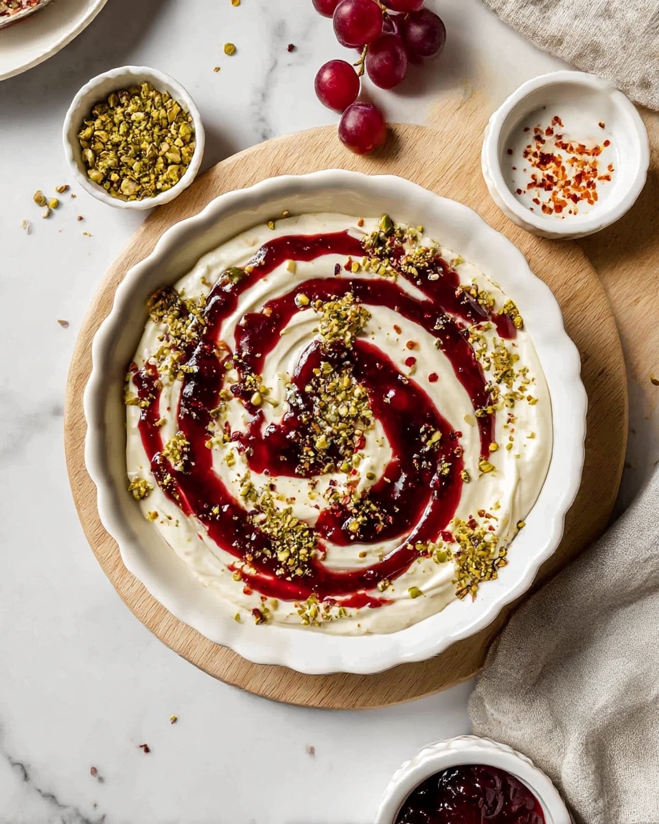 The dish is a shallow white scalloped bowl containing three main swirling layers, starting with a thick creamy white base evenly spread, topped with a rich, glossy, dark red jelly or jam swirled in circles, and sprinkled with crushed green pistachios and small red chili flakes scattered across the surface. The bowl is placed on a light wooden board that sits on a white marbled surface. Around it, there are three red grapes, a small white scalloped bowl of green crushed pistachios, a small white round bowl of white sauce with chili flakes, and a white scalloped bowl filled with the same dark red jelly with a small spoon inside. The photo has natural lighting and a light-colored cloth nearby. Photo taken with an iphone --ar 4:5 --v 7