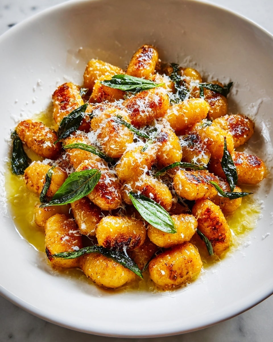 A white bowl filled with a single layer of golden brown gnocchi that have a crispy, slightly charred texture. The gnocchi are scattered with small green basil leaves and thin basil strips, giving a fresh contrast to the warm tones. On top of the gnocchi and basil, fine white grated cheese is sprinkled evenly, adding a light dusting that brightens the dish. A small pool of light yellow olive oil is visible beneath the gnocchi, adding a glossy shine to the bottom. The dish is set on a white marbled surface. photo taken with an iphone --ar 4:5 --v 7