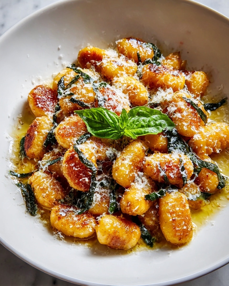 The dish shows a white bowl filled with one main layer of golden-brown gnocchi, each piece slightly crispy and browned on the edges, coated in a light olive oil glaze that pools at the bottom. Scattered on top are fine shreds of dark green basil leaves and a dusting of white grated cheese, adding texture and contrast. A small bright green basil sprig rests in the center, providing a fresh pop of color. The bowl sits on a white marbled surface. photo taken with an iphone --ar 4:5 --v 7