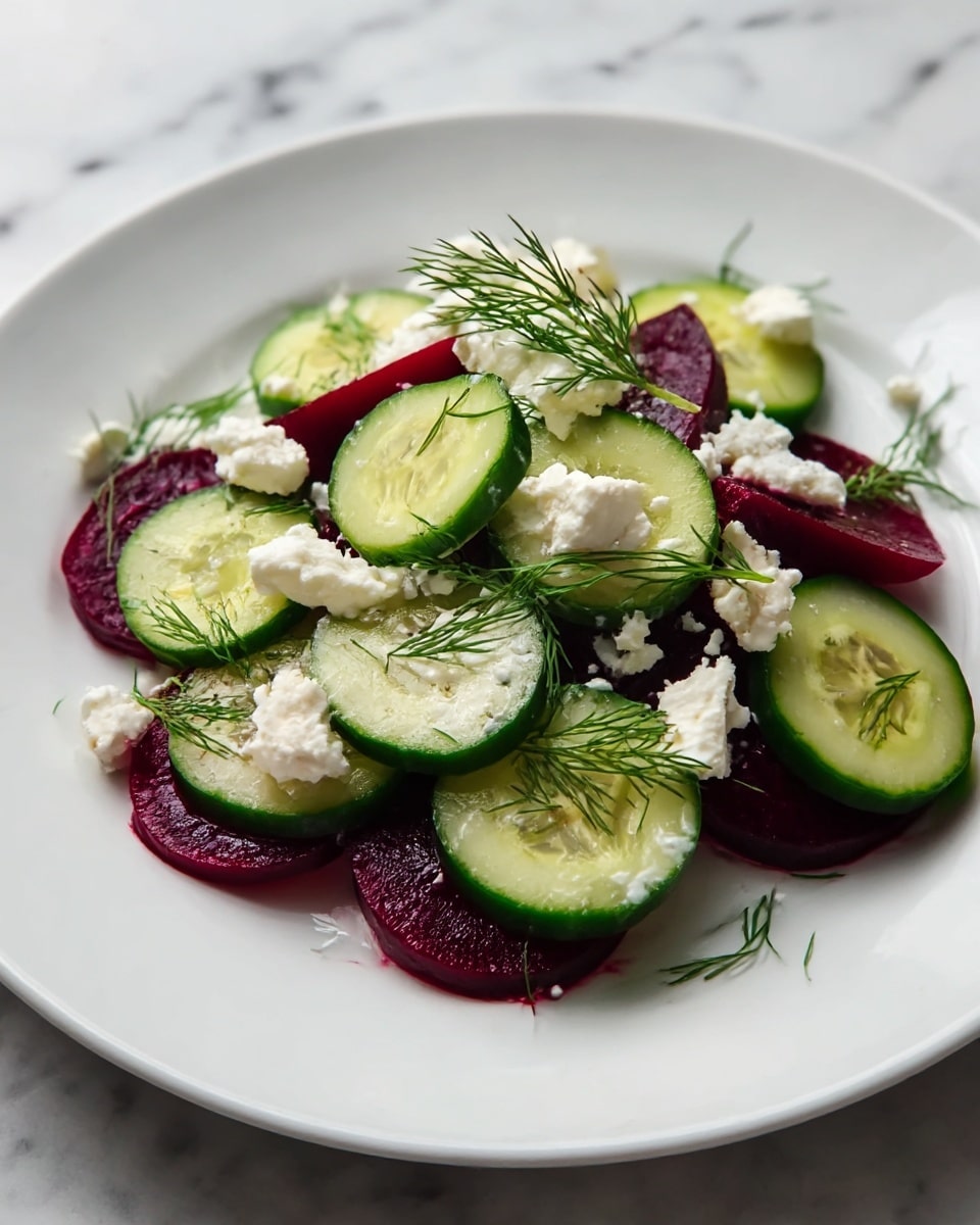 A white plate holds a fresh salad with three main layers: the bottom layer is thinly sliced deep red beetroot, topped with a layer of light green cucumber slices with dark green skin, scattered unevenly. Crumbled white cheese is spread over the cucumber and beetroot, and green dill sprigs lie on top, adding a feathery texture and bright green color. The plate is on a white marbled surface. Photo taken with an iphone --ar 4:5 --v 7