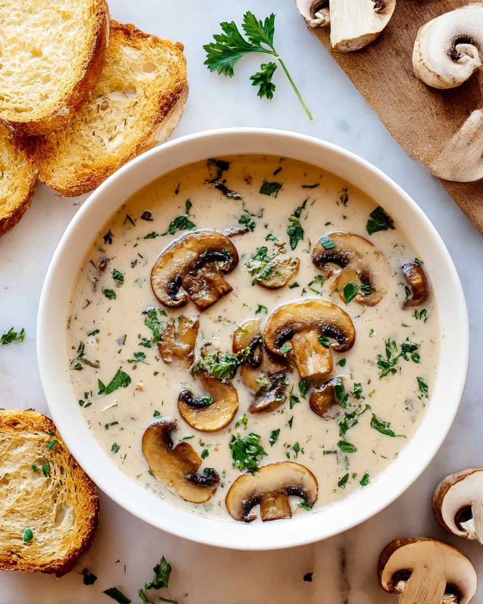 The image shows a white bowl filled with creamy mushroom soup. The soup has a smooth, light beige base with sliced cooked mushrooms floating on top, varying in size and brown color with a slightly shiny texture. Scattered over the soup are small green parsley leaves adding color contrast. The bowl is placed on a white marbled texture surface, near to it there are some slices of toasted bread with golden brown crusts and a few raw mushroom slices and parsley sprigs on the side. Photo taken with an iphone --ar 4:5 --v 7